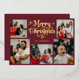 Retro Rood en Goud Prettig Kerstmis Familie Foto Folie Feestdagenkaart