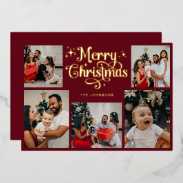 Retro Rood en Goud Prettig Kerstmis Familie Foto Folie Feestdagenkaart