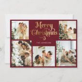 Retro Rood en Goud Vrolijk Kerstfeest Familiefoto Feestdagenkaart (Voorkant)