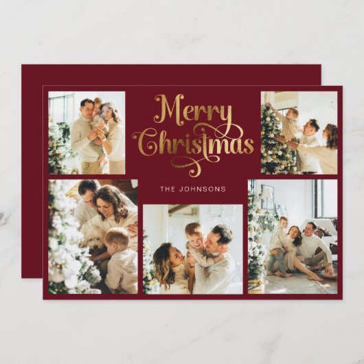 Retro Rood en Goud Vrolijk Kerstfeest Familiefoto Feestdagenkaart (Voorkant / Achterkant)