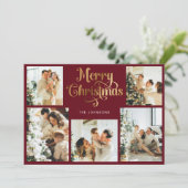 Retro Rood en Goud Vrolijk Kerstfeest Familiefoto Feestdagenkaart (Staand voorkant)