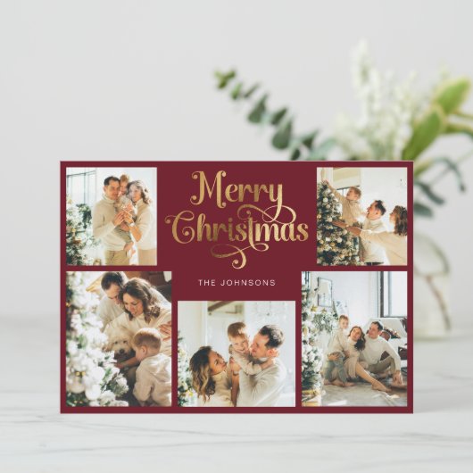 Retro Rood en Goud Vrolijk Kerstfeest Familiefoto Feestdagenkaart (Staand voorkant)