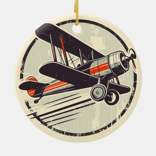 Retro  Rood en Groen Biplane Keramisch Ornament (Achterkant)