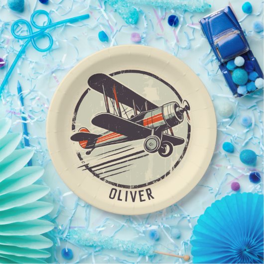 Retro  Rood en Groen Biplane Papieren Bordje (Feest)