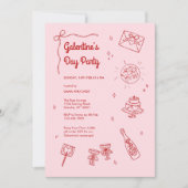 Retro rood en roze Galentines Party Kaart (Voorkant)