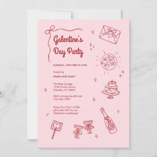 Retro rood en roze Galentines Party Kaart (Voorkant)