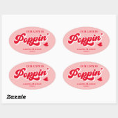 Retro Rood en Roze Popcorn Bruiloft Favor Ovale Sticker (Vel)
