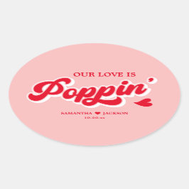 Retro Rood en Roze Popcorn Bruiloft Favor Ovale Sticker