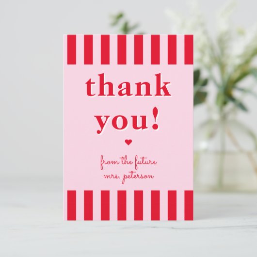 Retro rood en roze strepen van toekomstige mevrouw bedankkaart (Staand voorkant)