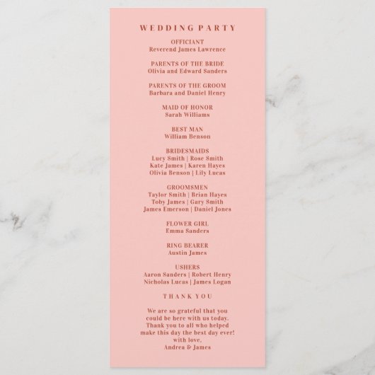 Retro Rood en Roze Trouwceremonie Programmakaart (Achterkant)