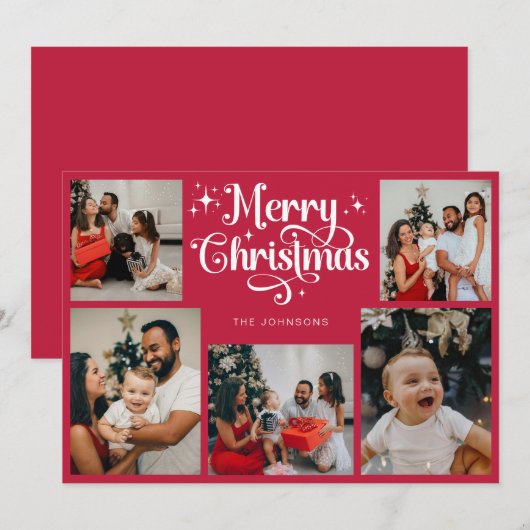 Retro Rood en Wit Vrolijk Kerstfeest Familiefoto Feestdagenkaart (Voorkant / Achterkant)