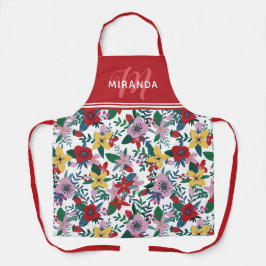 Retro rood geel roze bloemen patroon monogram schort