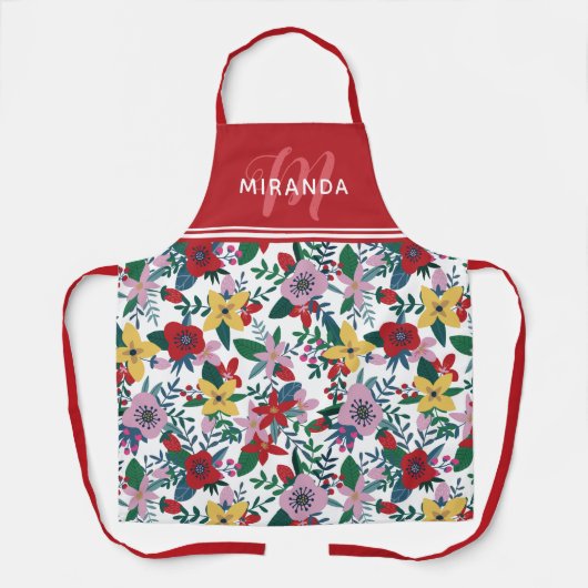 Retro rood geel roze bloemen patroon monogram schort (Voorkant)