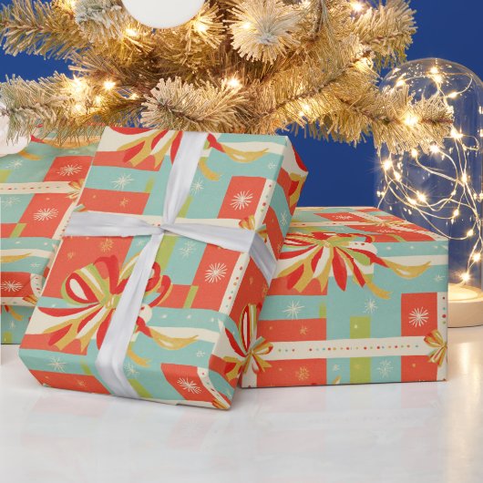 Retro Rood, Gele Lint Kerstcadeau Cadeaupapier (Feestdagen)