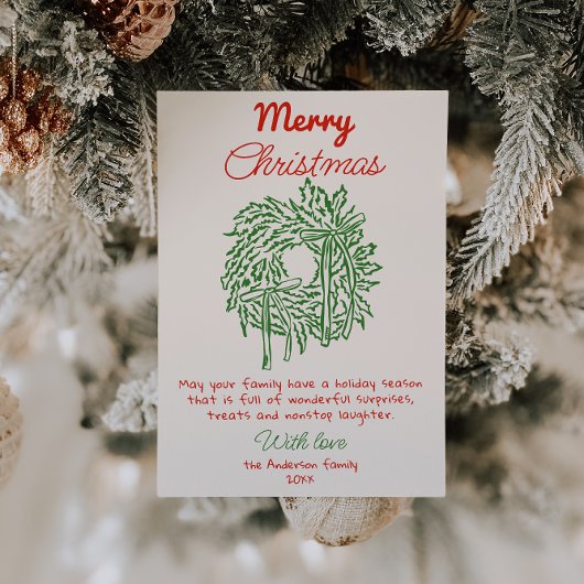 Retro rood getrokken boog krans niet foto kerst feestdagenkaart