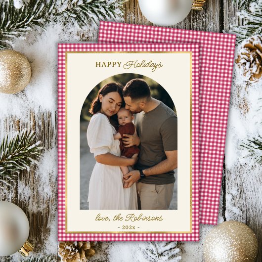 Retro Rood Goud Geplaagd Boog Foto Kerst Gelukkig Feestdagenkaart