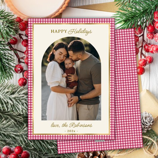 Retro Rood Goud Geplaagd Boog Foto Kerst Gelukkig Feestdagenkaart
