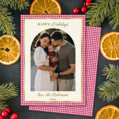 Retro Rood Goud Geplaagd Boog Foto Kerst Gelukkig Feestdagenkaart