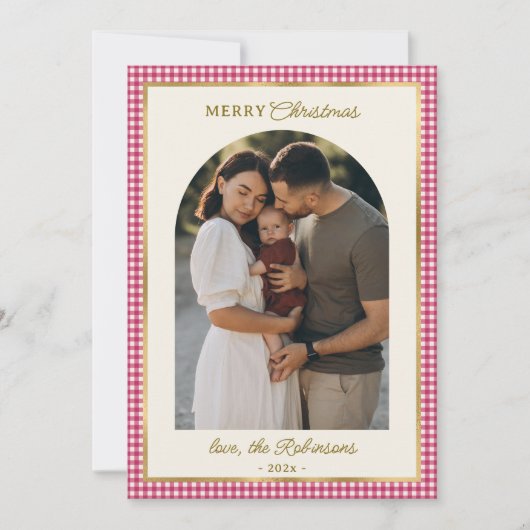 Retro Rood Goud Geplaagd Boog Foto Vrolijk Kerstfe Feestdagenkaart (Voorkant)