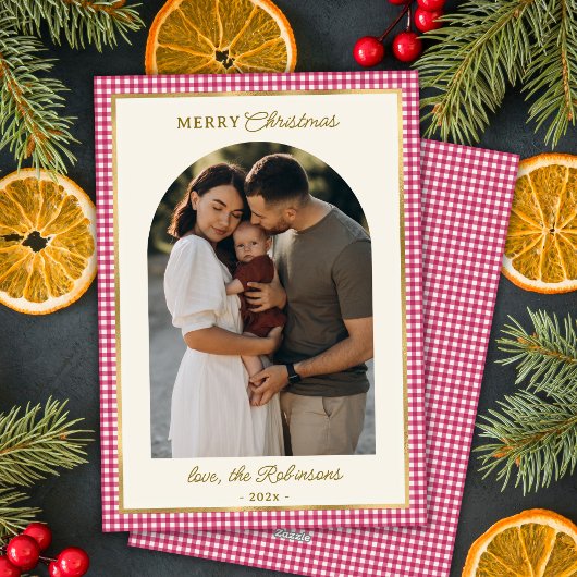 Retro Rood Goud Geplaagd Boog Foto Vrolijk Kerstfe Feestdagenkaart