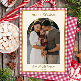 Retro Rood Goud Geplaagd Boog Foto Vrolijk Kerstfe Feestdagenkaart