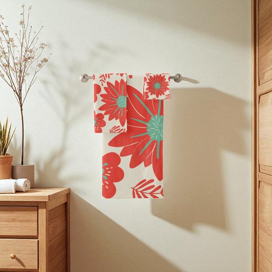 Retro Rood Groen Bloemen Bad Handdoek