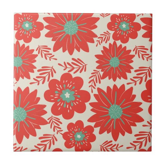 Retro Rood Groen Bloemen Tegeltje (Voorkant)