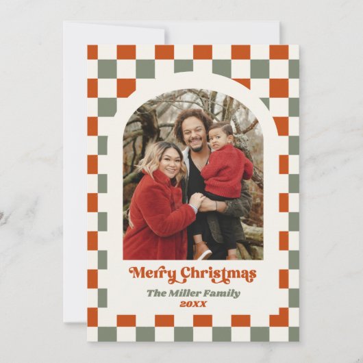 Retro Rood Groen Checkerboard Foto Boog Kerstmis Feestdagenkaart (Voorkant)