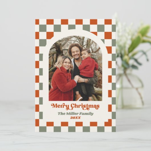 Retro Rood Groen Checkerboard Foto Boog Kerstmis Feestdagenkaart (Staand voorkant)