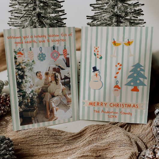 Retro Rood Groen Geïllustreerd Kleurrijk Kerstplez Feestdagenkaart