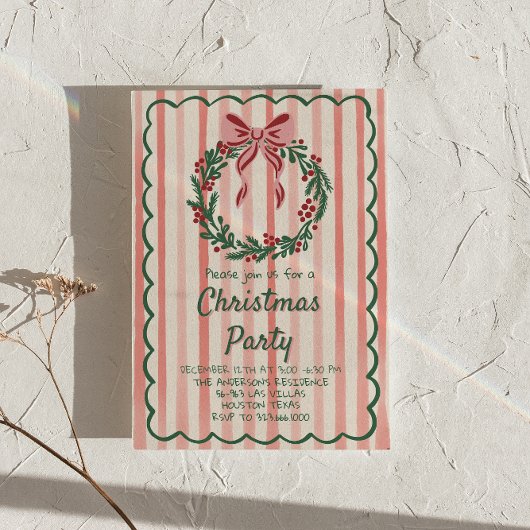 Retro Rood Groen Getrokken Kerstboog Krans Partij Kaart