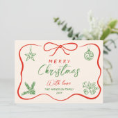 Retro  Rood Groen Hand getekend Foto Kerst Feestdagenkaart (Staand voorkant)