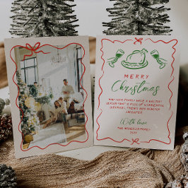 Retro  Rood Groen Hand getekend Foto Kerst Feestdagenkaart