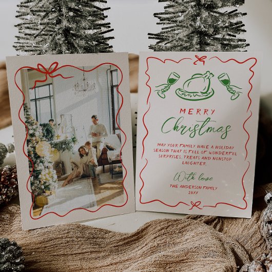 Retro  Rood Groen Hand getekend Foto Kerst Feestdagenkaart