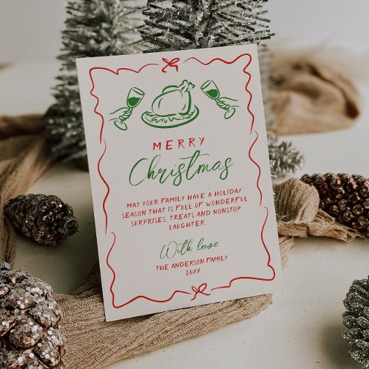 Retro  Rood Groen Hand getekend Foto Kerst Feestdagenkaart