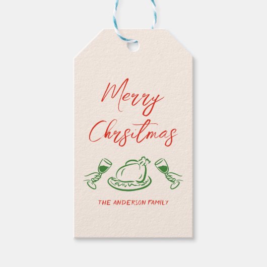 Retro  Rood Groen Hand getekend Vrolijk Kerstfeest Cadeaulabel (Voorkant)