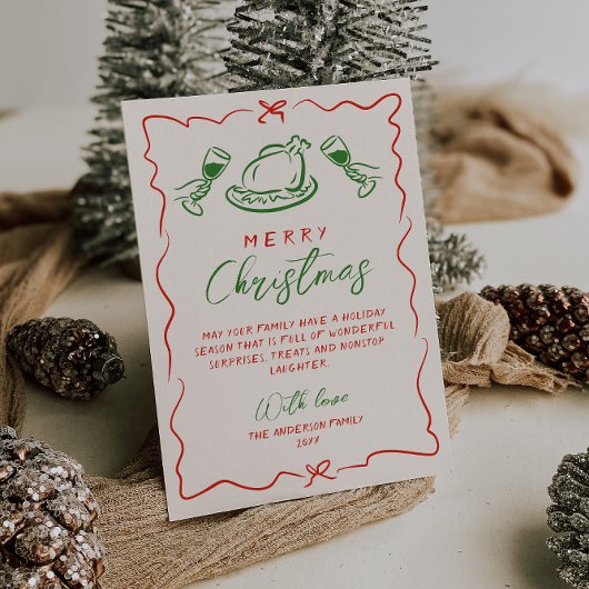 Retro Rood Groen Hand getekend Vrolijk Kerstfeest Feestdagenkaart