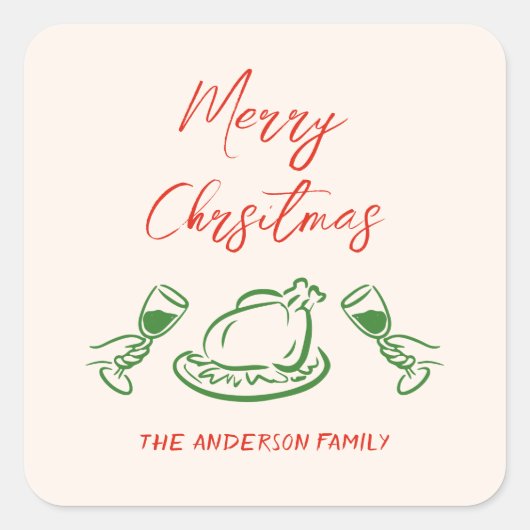 Retro  Rood Groen Hand getekend Vrolijk Kerstfeest Vierkante Sticker (Voorkant)