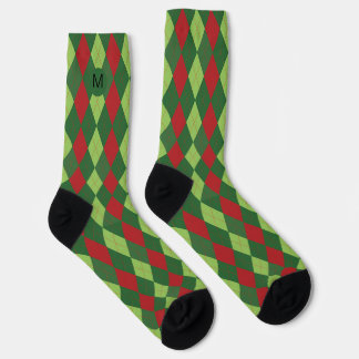 Retro Rood Groen Kerst Argyle Patroon Monogram Sokken