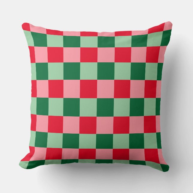 Retro Rood Groen Roze Tartan Geplaagd Kerstmis Kussen (Voorkant)