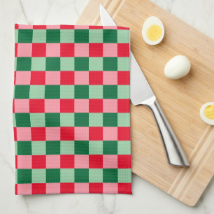 Retro Rood Groen Roze Tartan Geplaagd Kerstmis Theedoek