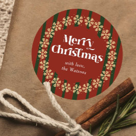 Retro Rood & Groen Vrolijk Kerstfeest Aangepaste N Ronde Sticker