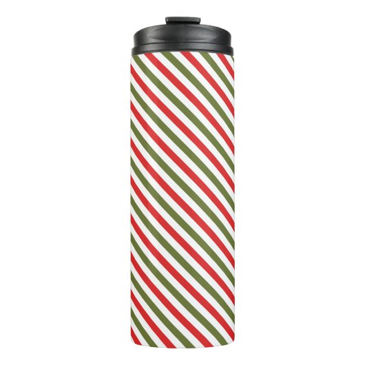 Retro rood groen wit kerst streeppatroon thermosbeker (Voorkant)