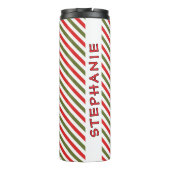 Retro rood groen wit kerst streeppatroon thermosbeker (Achterkant)