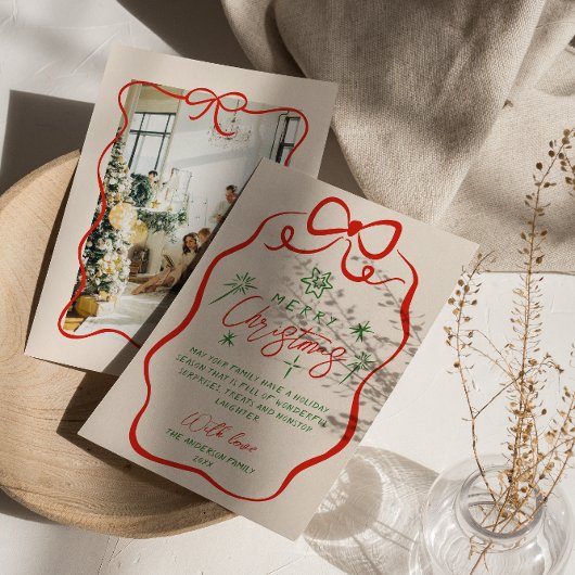 Retro rood groene hand getekend eigenzinnige boog  feestdagenkaart