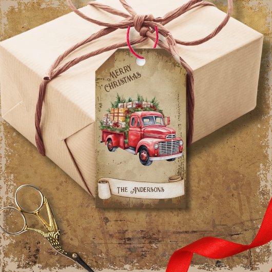 Retro Rood Pickup Vrachtwagen Vrolijk Kerstfeest Cadeaulabel