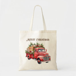 Retro  Rood Pickup Vrachtwagen Vrolijk Kerstfeest Tote Bag