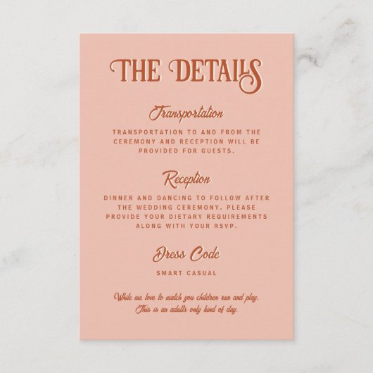 Retro rood & roze bruiloft details verticaal informatiekaartje (Voorkant)