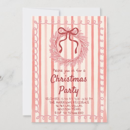 Retro Rood Roze Getrokken Kerstboog Krans Partij Kaart (Voorkant)