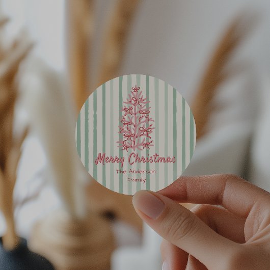 Retro Rood Roze Hand Getrokken Bogen Boom Kerstmis Ronde Sticker